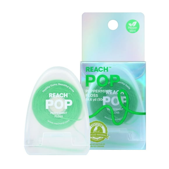 REACH POP Dental Floss, Peppermint, Shred Resistant, Vegan Wax, PFAS Free, Eco Friendly Packaging, for Adults & Kids, 1 Pack, 54.6 yd