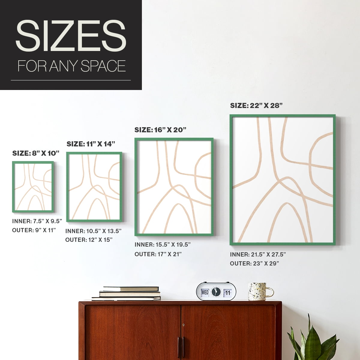 Clean Contour II Framed Print in Green Solid Wood Framed Print No Nail Hanging