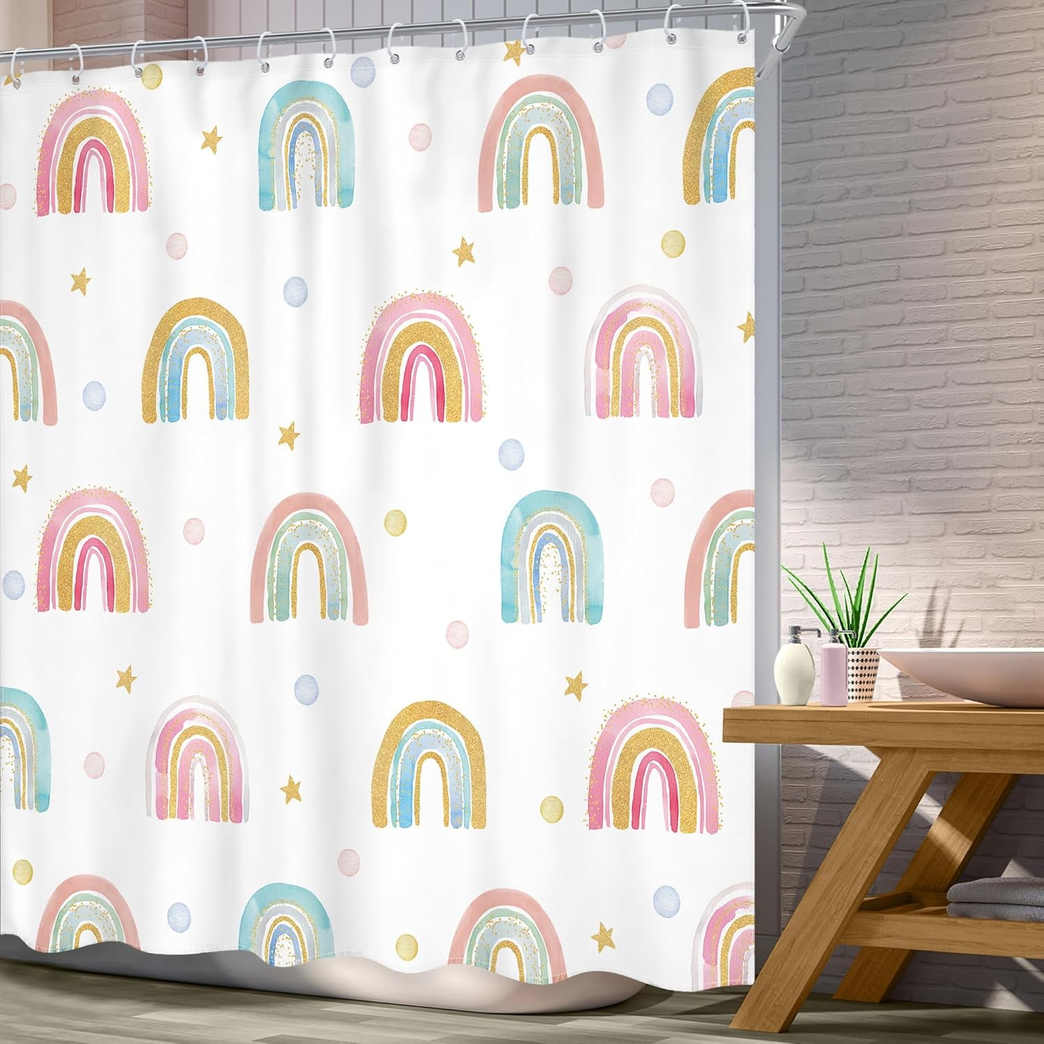 Boho Rainbow Shower Curtain 72Wx72L Inch Kids Girls Pink Cartoon Cute Watercolor Polka Dot Lovely Children Shower Curtain Bathroom Set Girl Toddler Bath Curtain Bathtub Accessories Home Decor