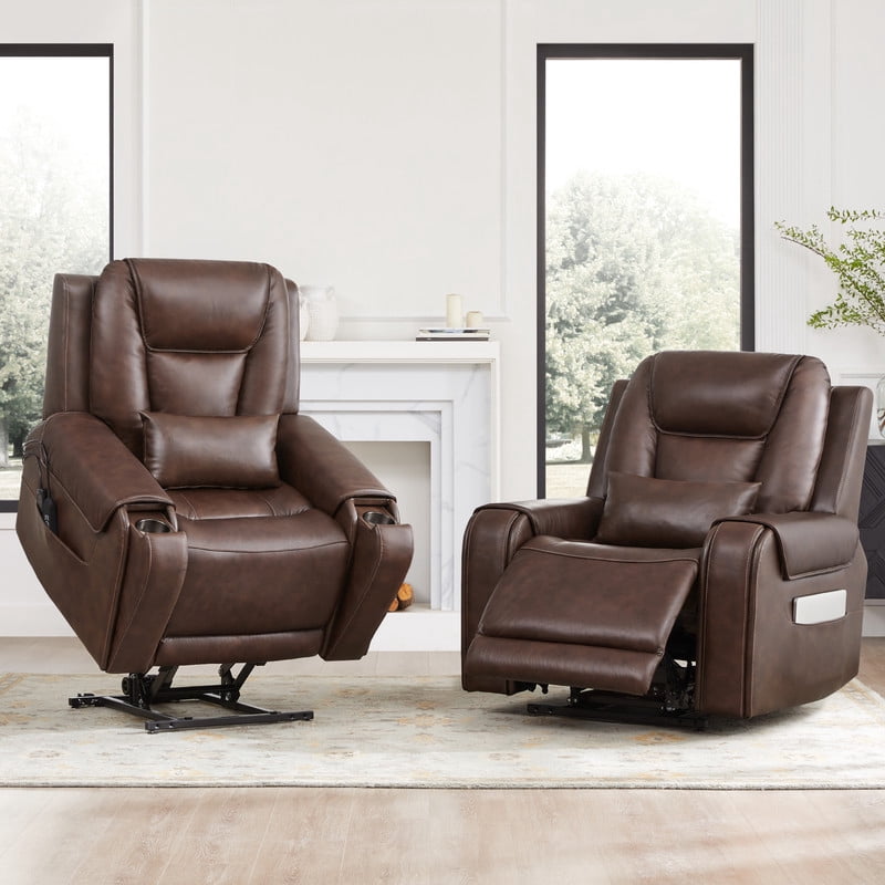 CHITA Top grain leather Heat and Massage Recliner with USB Charging Ports, Brown