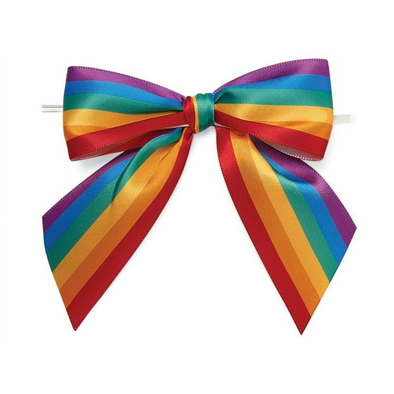 12 Pcs, 4" Rainbow Stripe Pre-Tied Satin Gift Bows W/Twist Ties for Holidays or Occasion Décor