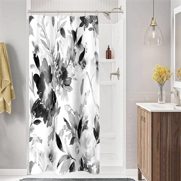 Stall Narrow Shower Curtain 36 x 72 Inch, Black White Watercolor Abstract Floral Waterproof Fabric Bathroom Curtain Set with Hooks