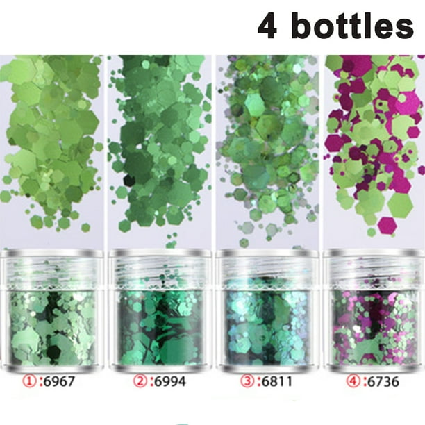 Purpurina 4 botellas de colores mezclados para cara, cuerpo, ojos, cabello, uñas, Festival, purpurina holográfica gruesa, diferentes tamaños, juego de colores degradados para uñas