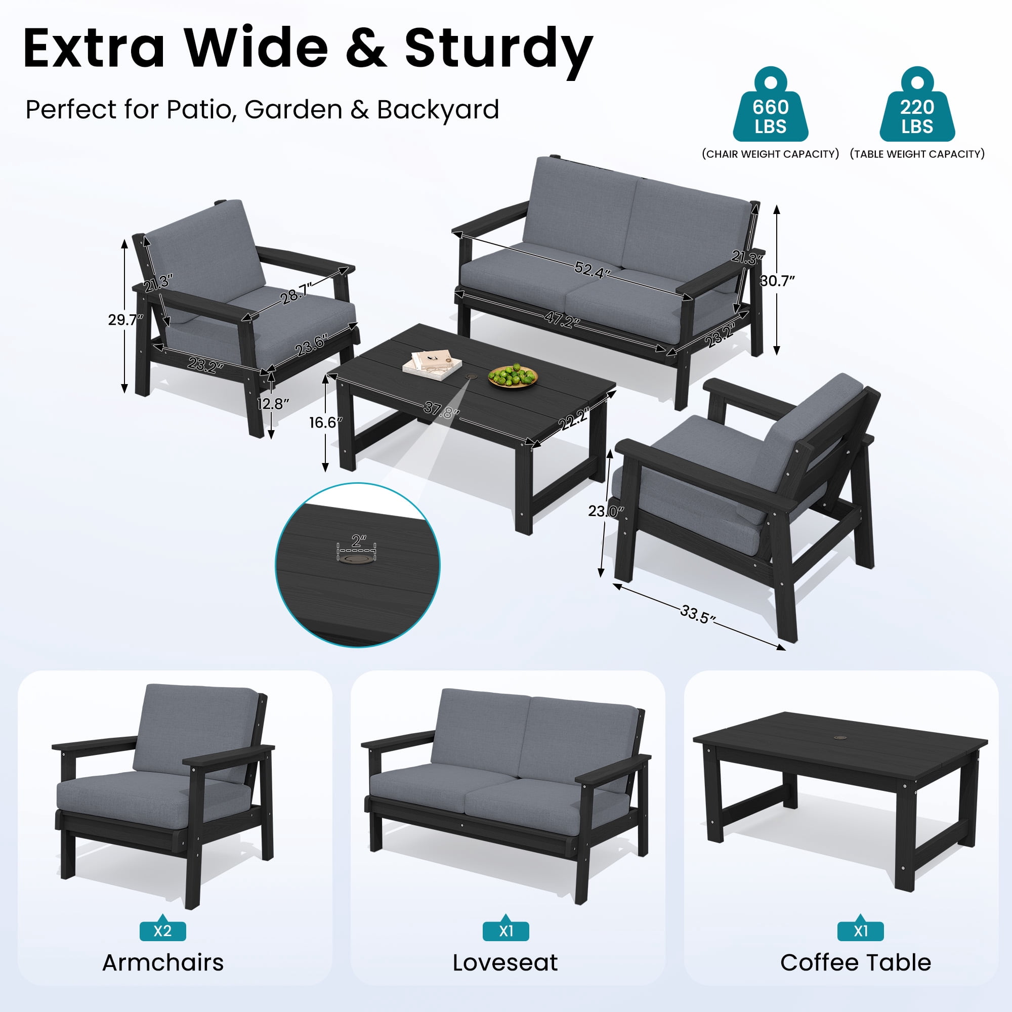 SERWALL 5 Pieces Outdoor HDPE Patio Furniture Sets, Conversation Sets with Cushions, 2 Armchairs & 1 Loveseat & 1 Coffee Table for Poolside, Balcony, Porch & Backyard, Black / Grey