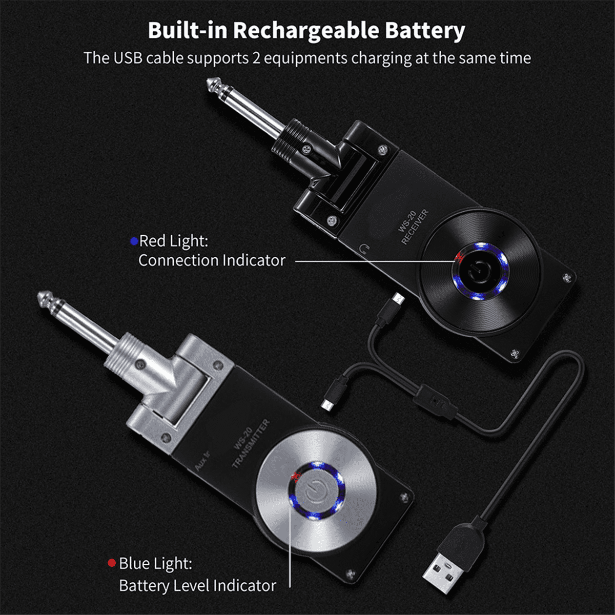 2.4G Guitar Wireless System Transmitter Receiver Rechargeable 180 Rotatable