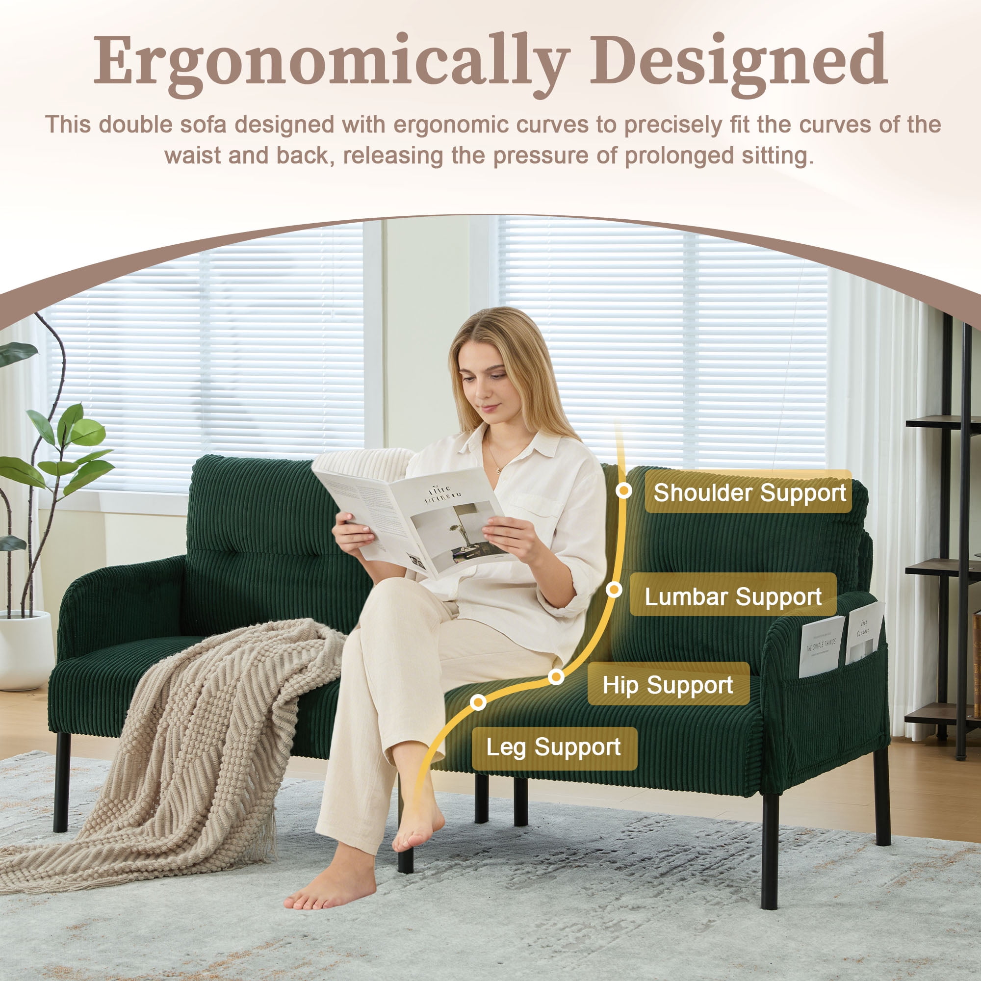 S-HOME Modern Plush Corduroy Upholstered Loveseat with Dual Side Pockets and Metal Legs, Sofa for Apartment, Emerald