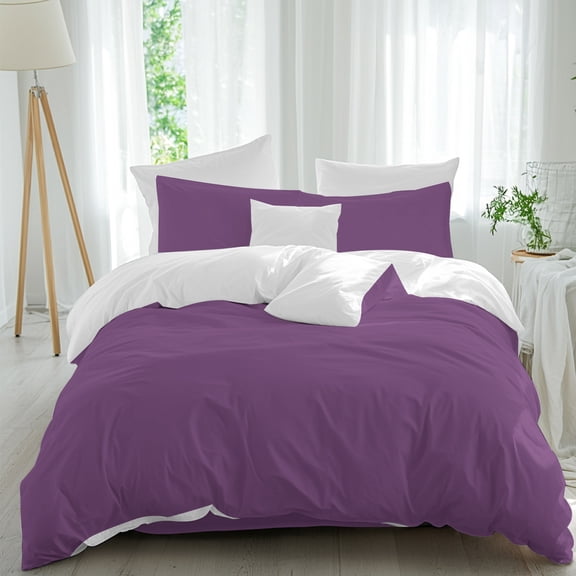 Purple Duvet Cover Set Twin Size, Simple Background Modern Solid Color Monochrome 4 Piece Soft Microfiber Bedding Set with 1 Duvet Cover, 1 Flat Sheet, 2 Pillowcases
