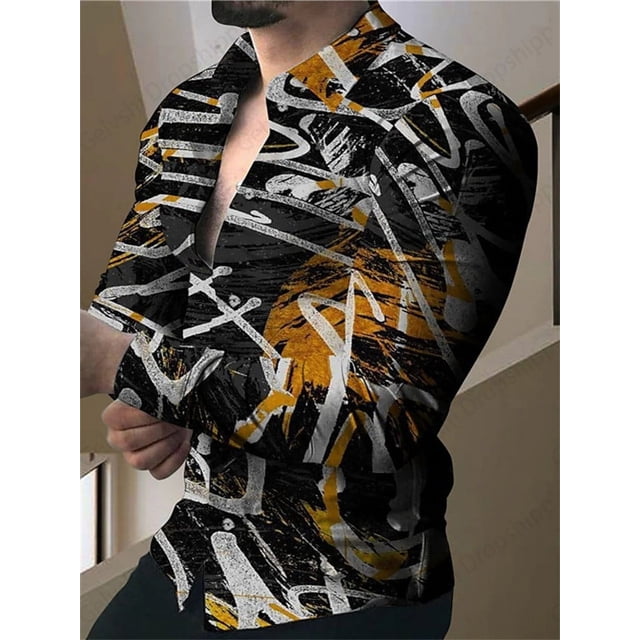 Camisas hawaianas de manga larga con estampado 3D de líneas doradas, camisa de moda para hombre, camisa de playa con cuello vuelto, blusa social, camisa 5XL