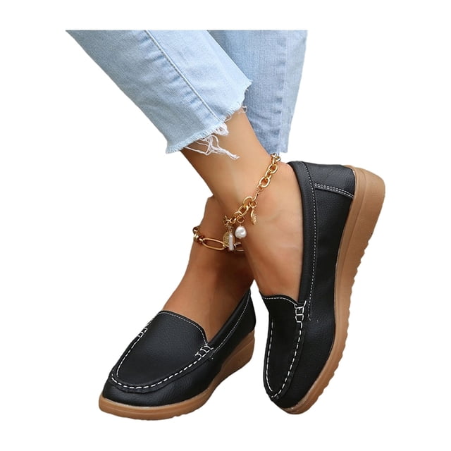 Daeful Chaussures Plates pour Femmes Mocassins à Enfiler Bas Mode Travail Confortables Bout Rond Mocassins Noir 5