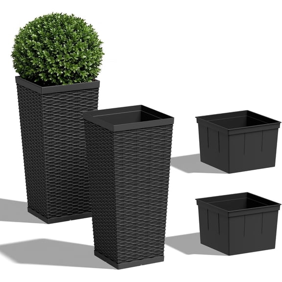 24" Front Porch Resin Rattan Tall Planters 2 Pack, Inner Tray | Large Tapered Porch Planters with Drainage Holes, for Outdoor Plants, Flower Pots for Garden, Patio, Backyard