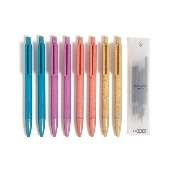 U Brands U-Eco Ballpoint Pens with Refills, 8 Count, Medium (0.7 mm) Point, Black Ink