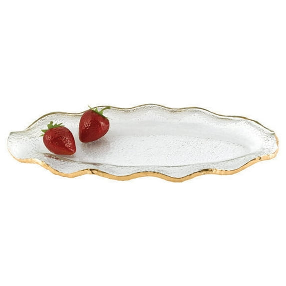 Elegant and Modern Decorative Handcrafted Sophisticated Glass Serveware - Goldedge Oval Wavy Platter, 14x7 Inches