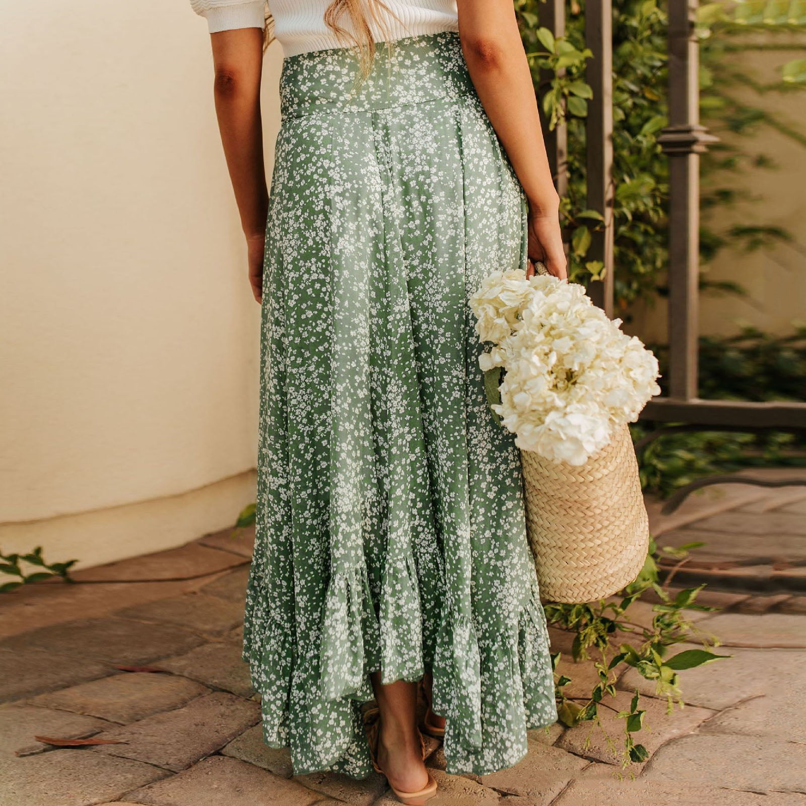 High waisted long green skirt outlet