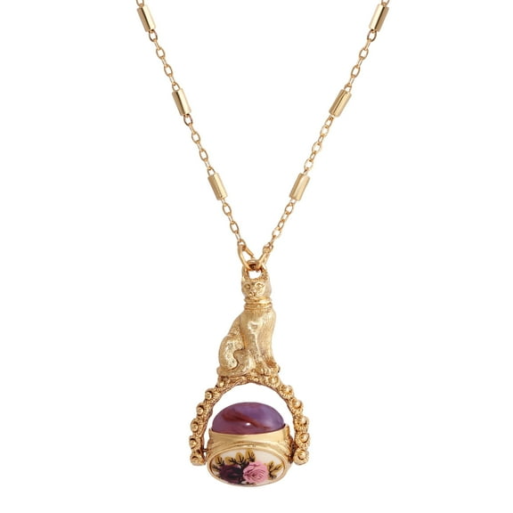 1928 Jewelry Women's 14K Gold Dipped Manor House Pink & Purple Stone Spinner Cat Pendant Necklace 30"