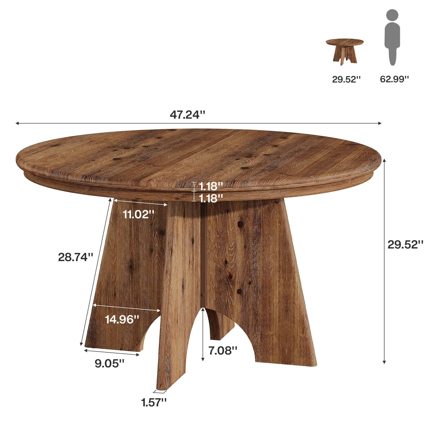 Hommoo 47 Inch Solid Wood Round Dining Table, Farmhouse Kitchen Table for 4-6 People, Rustic Modern Breakfast & Living Room Table, Natural