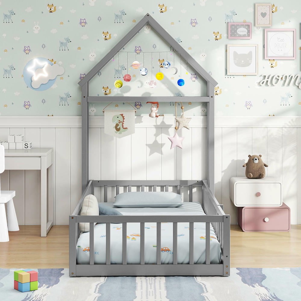 Barara King Twin Size Bedroom Bed Floor Frame with House-shaped Headboard, Bed Platform Frame for Apartment, Bedroom, Gray