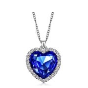 BEDAZZLED BIJOU 14K Gold Plating Over Titanic Heart Shape Blue Sapphire and Halo PendantNecklace