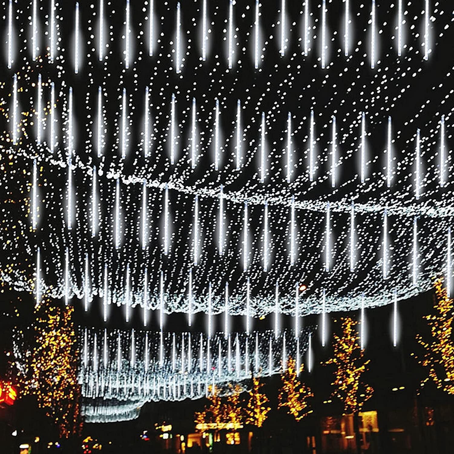 Waterproof Falling Rain Lights Meteor Shower Lights 10 Tube LED Icicle Cascading String Lights for Christmas Halloween Holiday Decoration Garden Outdoor Trees Wedding Party