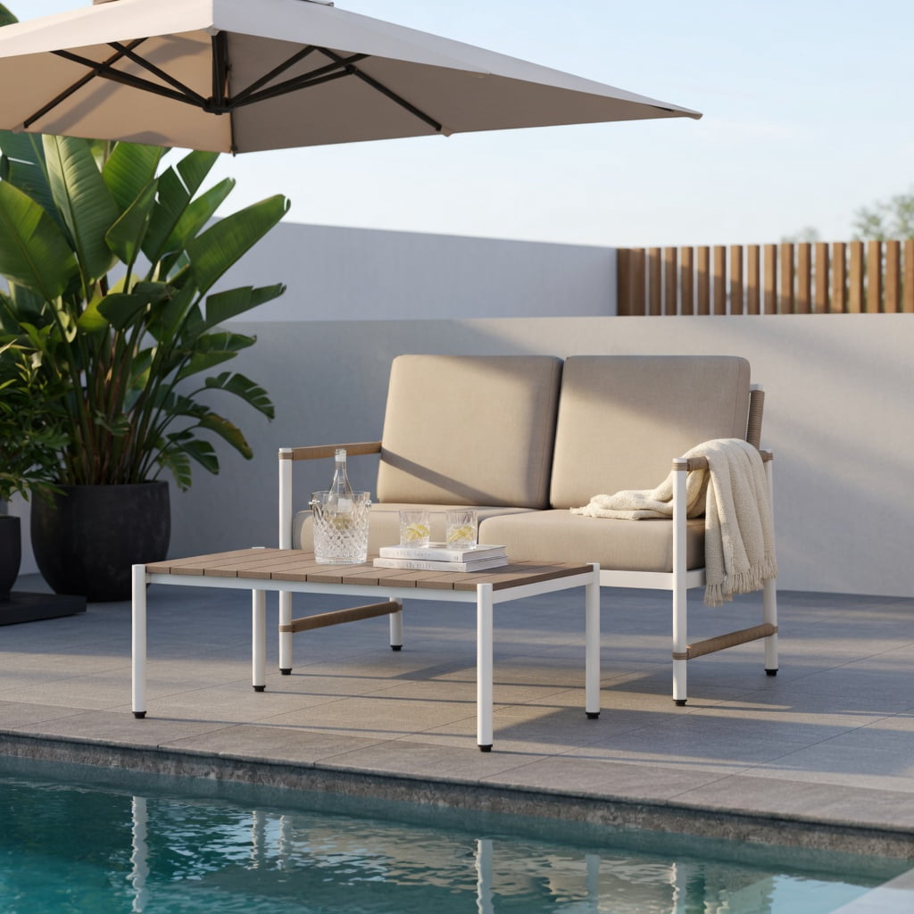 Hommoo Outdoor Patio Loveseat Sofa & Coffee Table Set, Rust-Resistant Aluminum Frame, Thick High-Density Cushions, Modern PE Rattan Design for Backyard, Poolside & Balcony, Gray