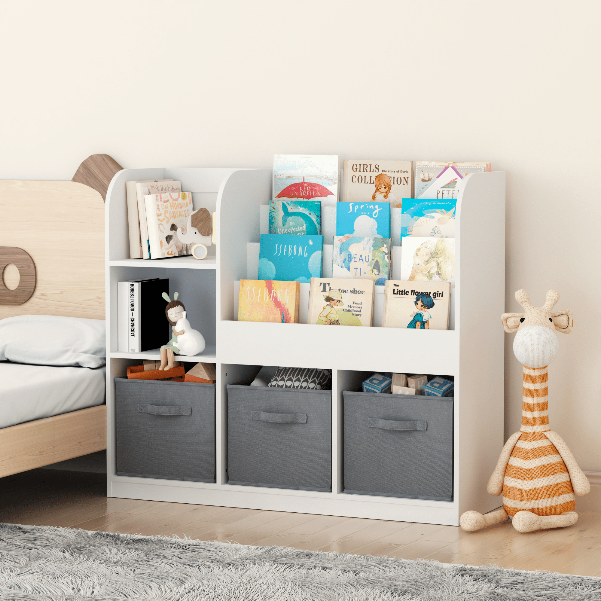 Miniyam Bookshelf with Storage Bins, Book Display, Anti-Tip for Kids, Gray