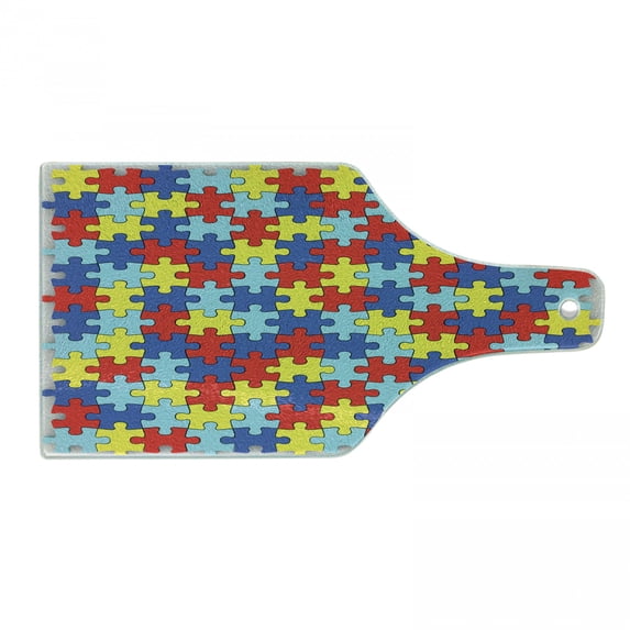 Cartoon Cutting Board, Colorful Puzzle Pieces Fashion Daycare Theme Colorful Arrangement, Decorative Tempered Glass Cutting and Serving Board, Wine Bottle Shape, Multicolor, by Ambesonne