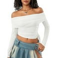thumbnail image 2 of Women Crop Long Sleeve Tops Drawstring Basic Off-Shoulder Shirt Casual Pullovers for Club Streetwear Aesthetic Clothes, 2 of 9