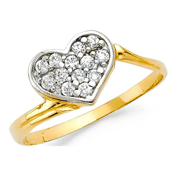Heart Ring CZ Solid 14k Yellow Gold Band Right Hand Love Promise Ring Pave Set Stylish Polished, Size 7