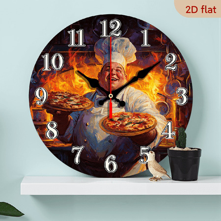 2D Flat 1pc 10Inch food theme wooden wall clock, with chef and pizza pattern design, battery powered silent clock, suitable for living room, bedroom, kitchen, office decoration