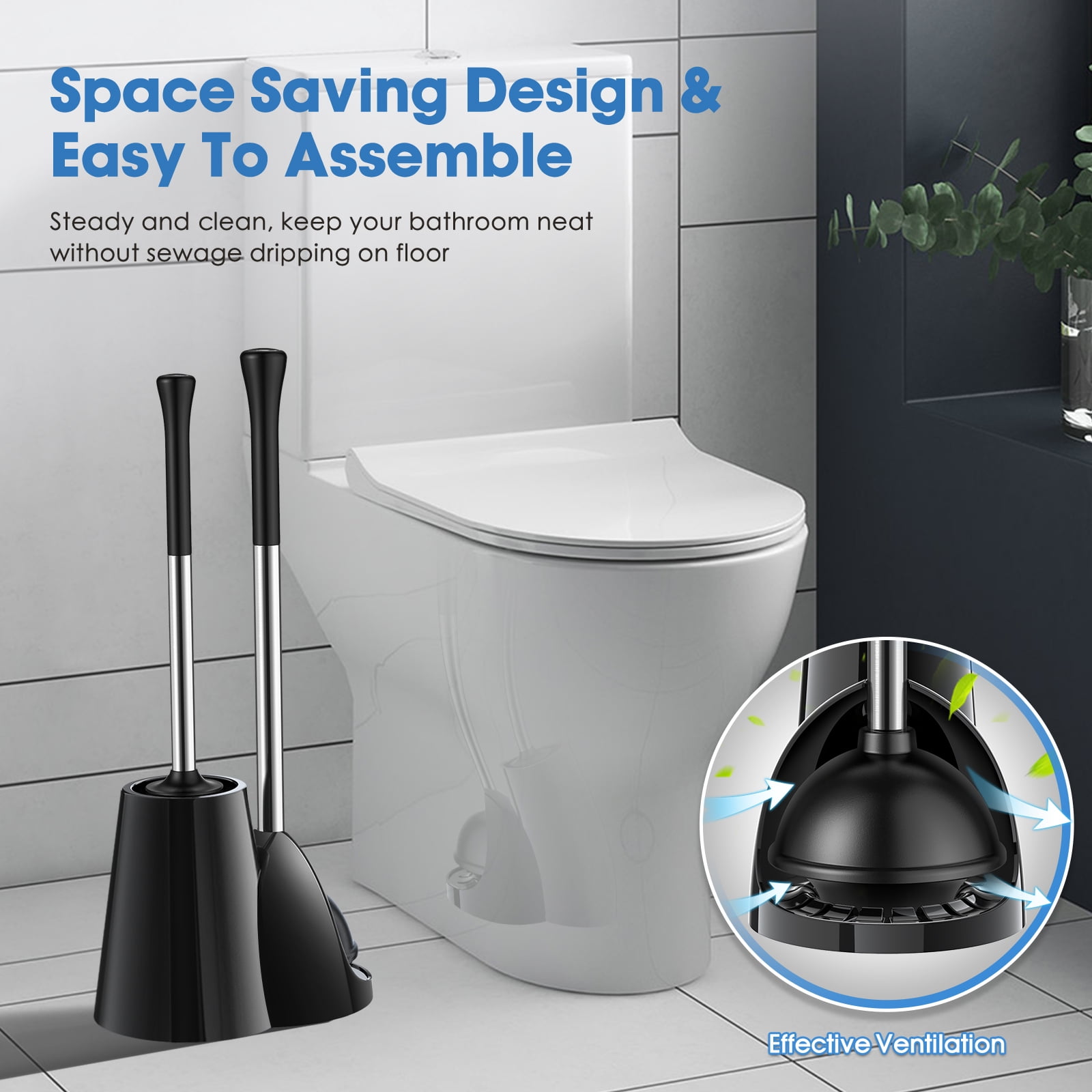 Toilet Brush and Toilet Plunger Set Simple Modern Toilet Combo Freestanding  Holder for Bathroom Cleaning Space Saving,Black 
