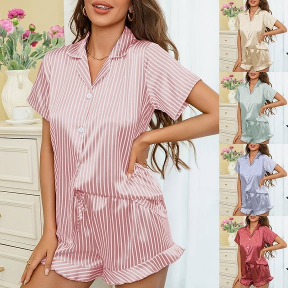 Yourumao Womens Satin Pajama Set Two Piece Short Sleeve Button Down Shirts and Ruffle Hem Shorts Striped Silky Pajama Sets for Loungewear