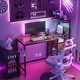 thumbnail image 4 of PetFurnishn Computer Gaming Desk with Power Outlet and LED Lights, Reversible Study Writing Table with Storage Shelves and USB Ports, PC Desk Home Office Workstation, Brown, 4 of 10