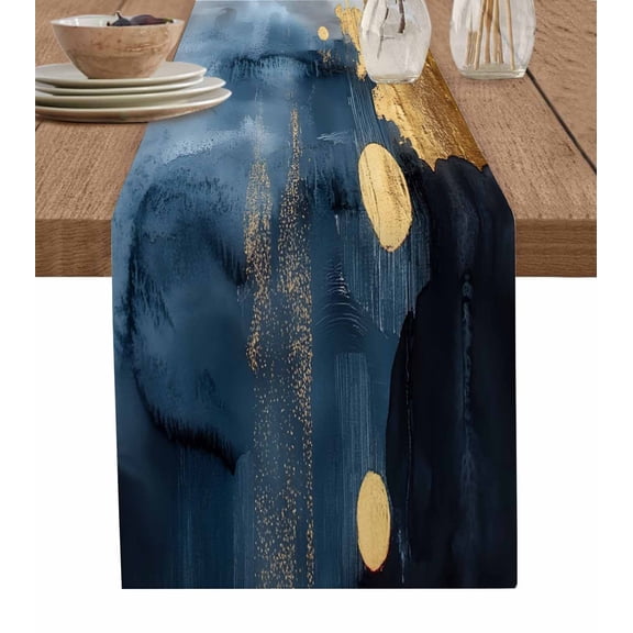 Ldtrchee Navy Blue Yellow Table Runner 36 Inches, Abstract Color Block Vintage Modern Bed Runner Dresser Scarves Tabletop for Indoor Outdoor Parties/Ceremony/Banquet, 13"x 36"