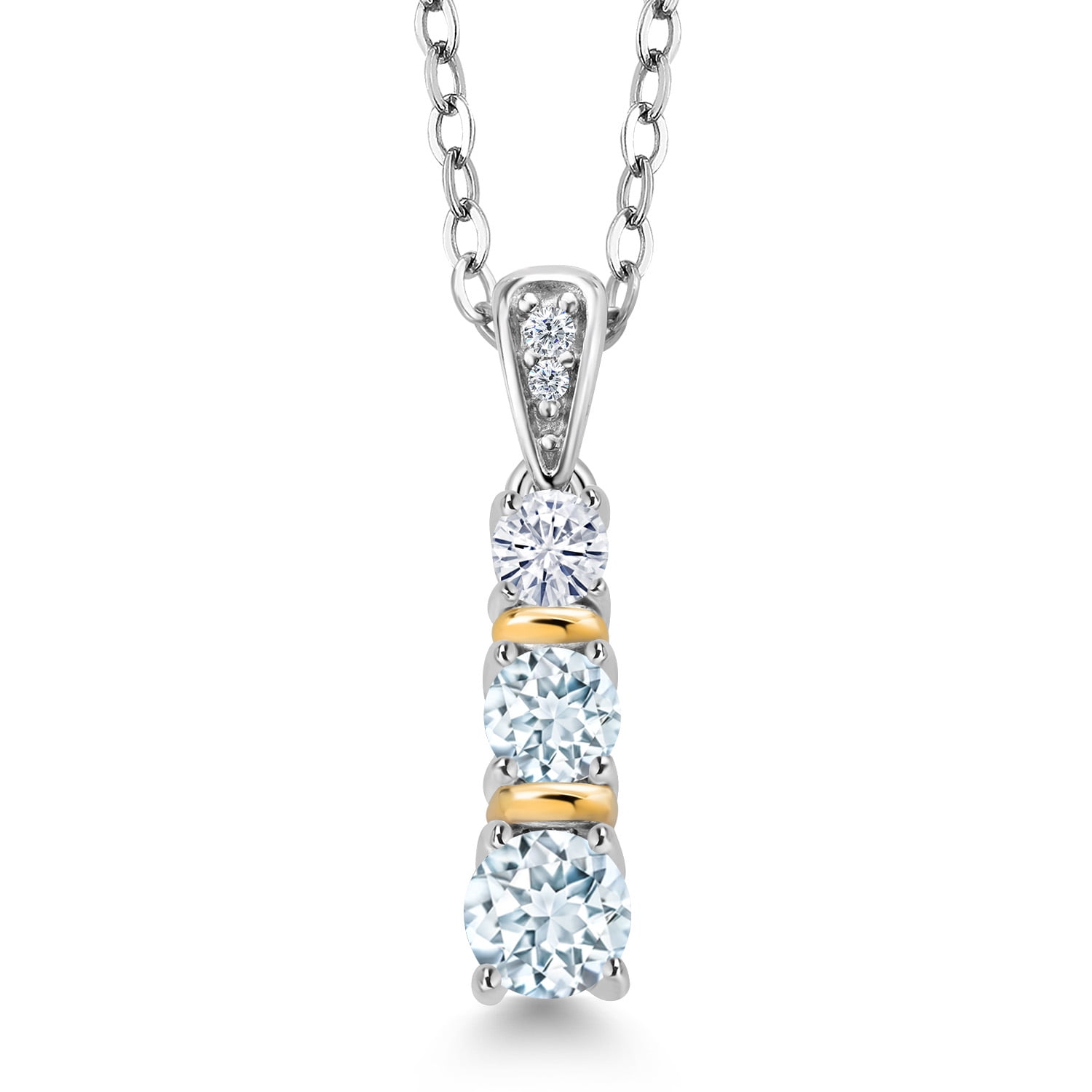 Gem Stone King 925 Silver and 10K Yellow Gold Round Sky Blue Aquamarine and White Moissanite Pendant Necklace for Women (0.52 Cttw, Gemstone March Birthstone, with 18 inch Chain)