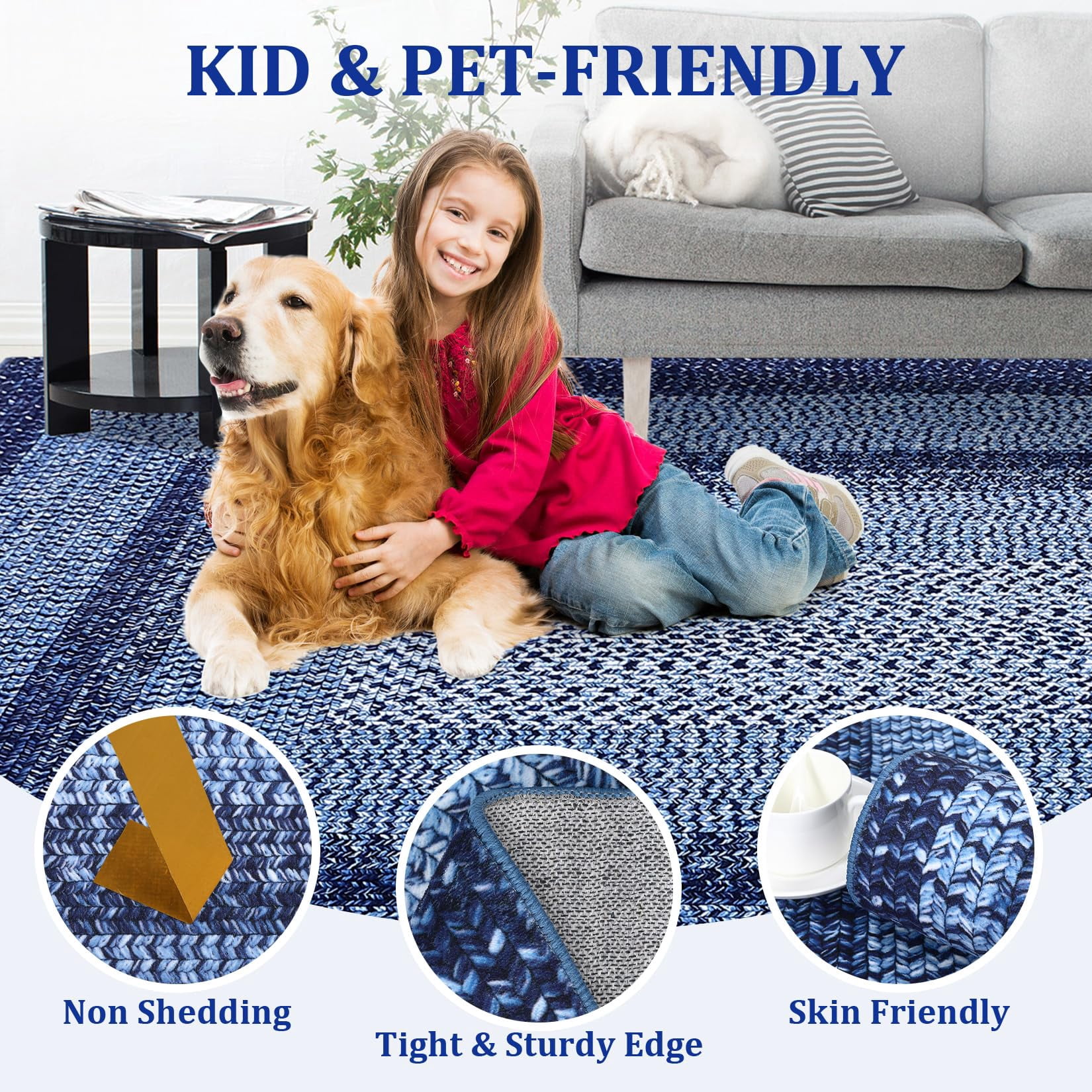 Modern Washable Area Rug 6'x9' Vintage Braided Print Non-Slip Low Pile Carpet for Living Room Bedroom Home Office, Navy Blue