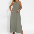 thumbnail image 6 of Womens Cotton Linen Sleeveless Maxi Dress Spaghetti Strap Slit Summer Loose Beach Long Shift Dress Army Green M, 6 of 6