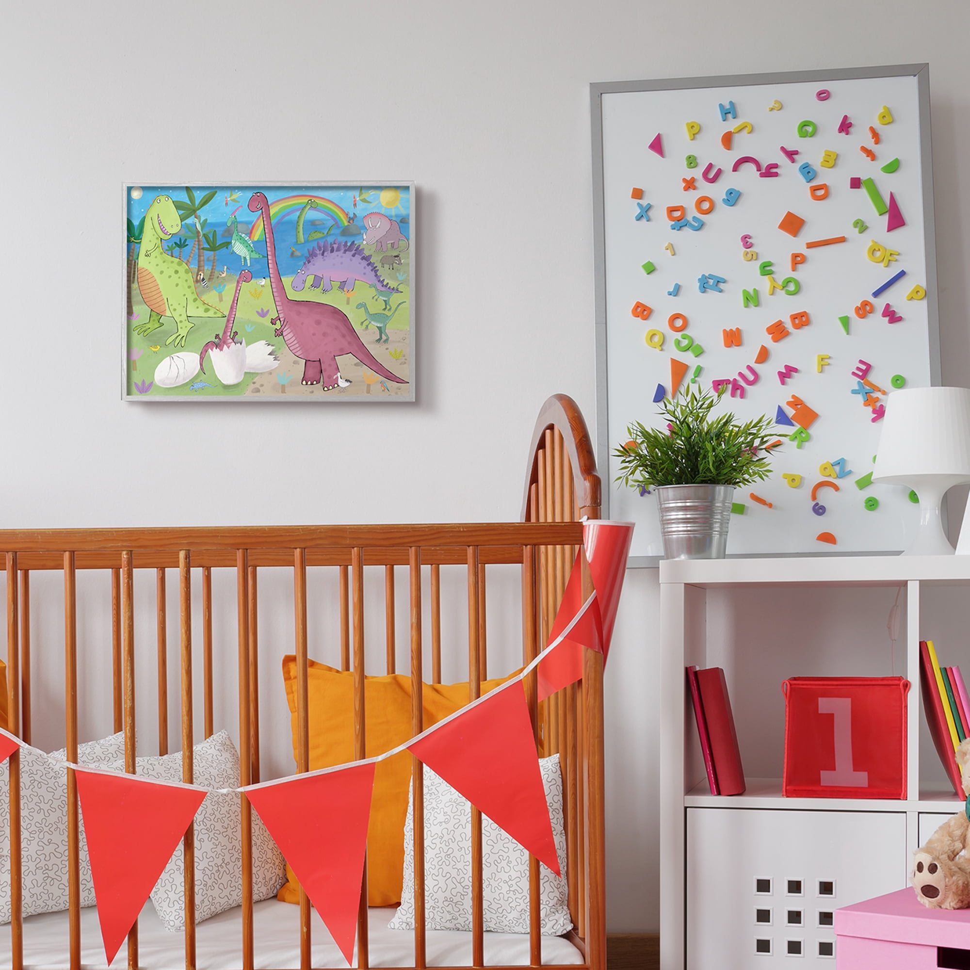 Stupell Industries Happy Dinosaurs Playing by Rainbow Illustration,16 x 20,Designed by Carla Daly