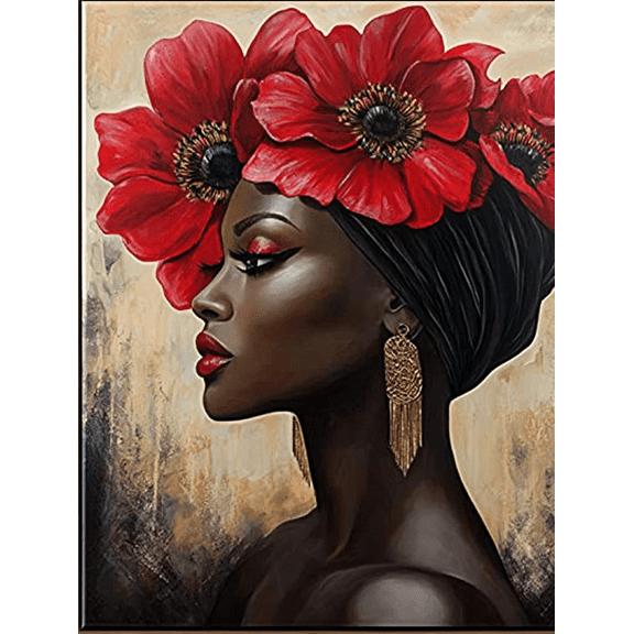 African American Woman Red Flowers Canvas Wall Art,Suitable for Living Room,Bedroom,Bathroom,Office,Dining Room Decoration