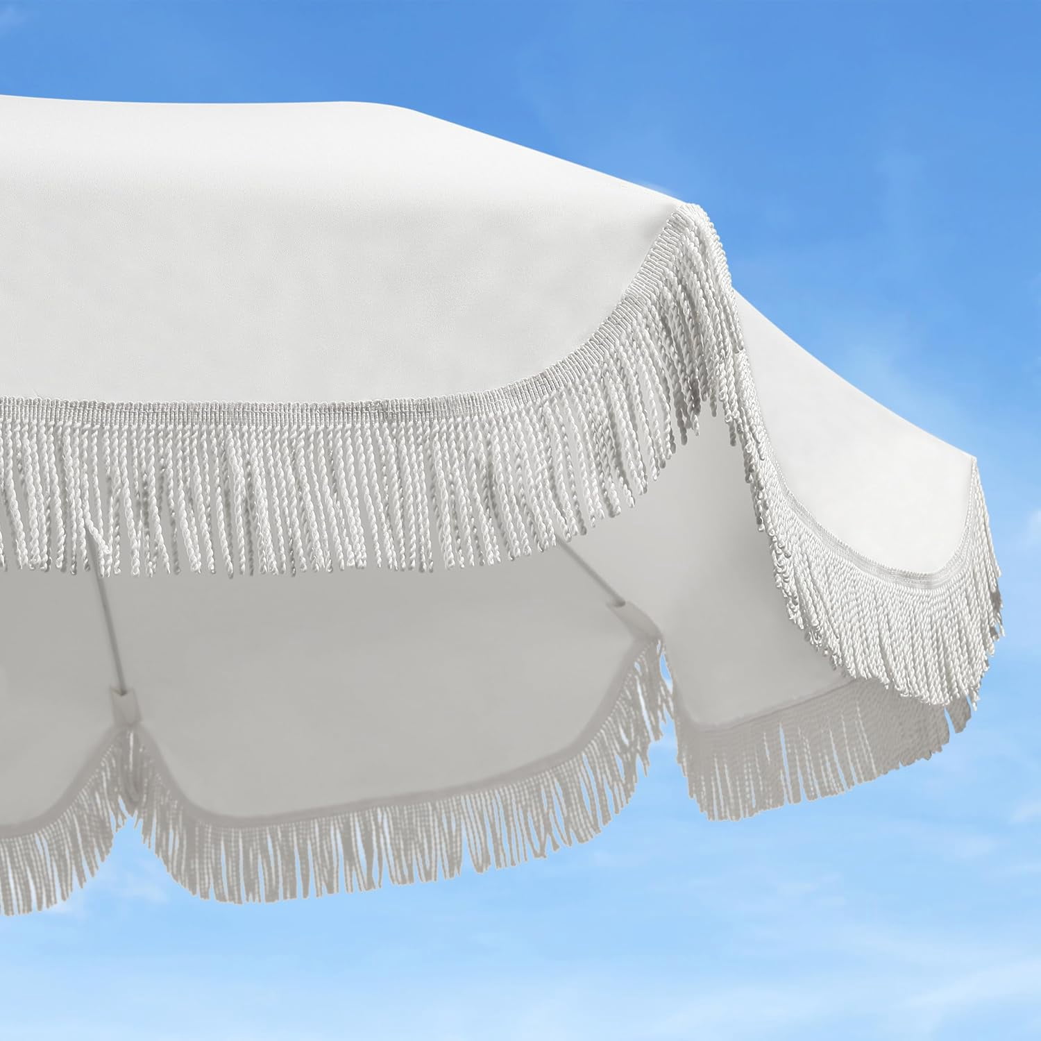 6.5ft Patio Umbrella with Fringe, Beach Umbrella, Fringe Umbrella Outdoor Patio with Hanging Hook, Tilting Aluminum Pole, UV 50+, Fiberglass Ribs, Elegant Cream