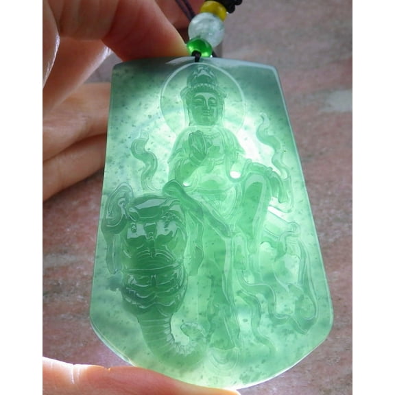 Icy Green Natural A Jade jadeite Pendant Guanyin Kwan Yin Elephant Lotus Flower Necklace 686939 TN