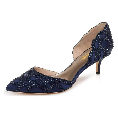 XYD Women s Pumps Elegant Pointed Toe D Orsay Kitten Low Heels Rhinestone Studs Slip-On Satin Shoes for Wedding Bride Size 16 Navy