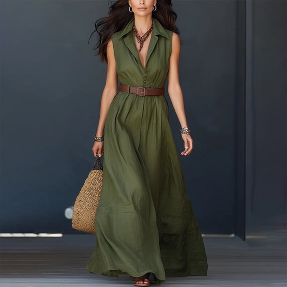 Aimik Womens Belted Collared Maxi Shirt Dress Sleeveless V Neck Loose Fit Summer Vacation Beach Long Dresses with Pockets