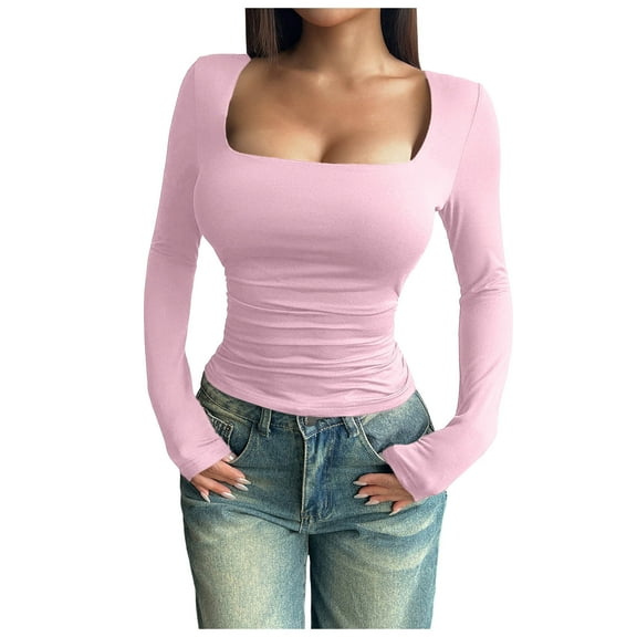 DVKOVI Women's Blouse Women Fashion Tight Low Square Neck Long Sleeve T Shirt Side Pleated Top Summer Casual Loose T Shirts Tops Pink XL