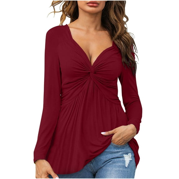 Annhoo Dressy Shirts for Women Elegant V-Neck Knot Front Tops Fall Casual Pleated Long Sleeve Pullover Blouse