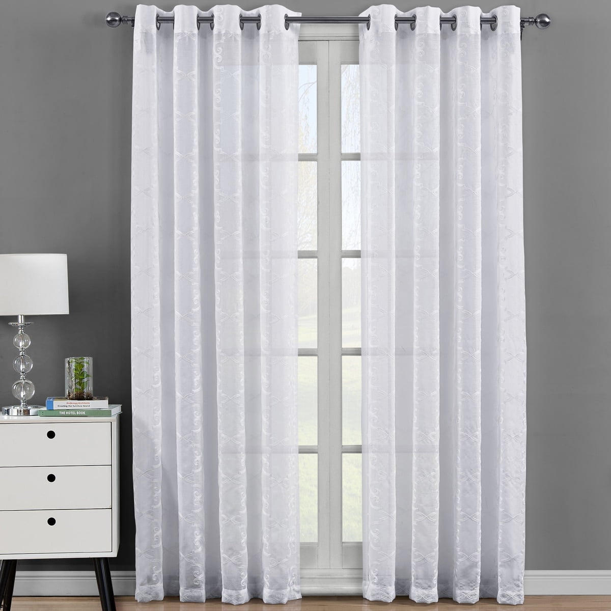 Luxury Embroidered FIONA Slot Top Header Voile Curtain Panels White Or Cream 