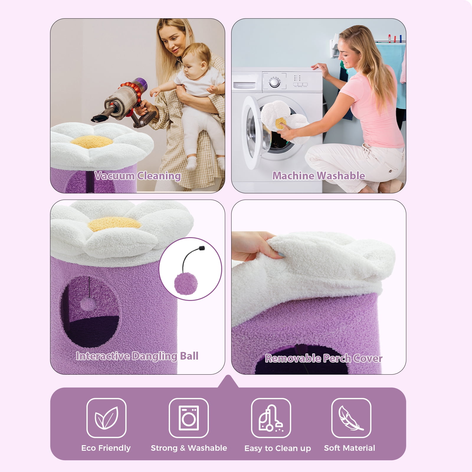 Pefilos 28" 2-Level Cat House Condo with Tree, 2 Cave Bed & Removable Flower Cat Cushion, Purple