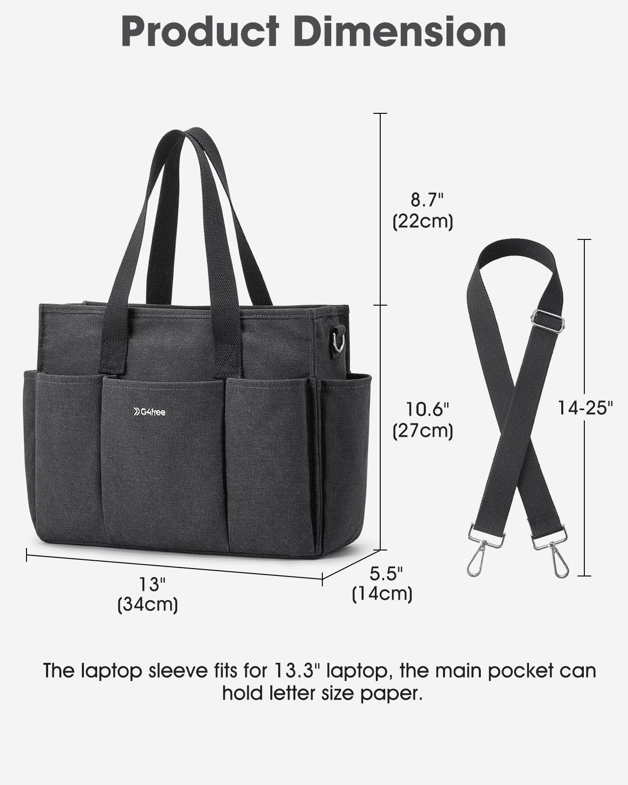 G4Free Canvas Tote Bag with Pockets, Medium Size Crossbody Work Tote Bag for Women Zipper Closure