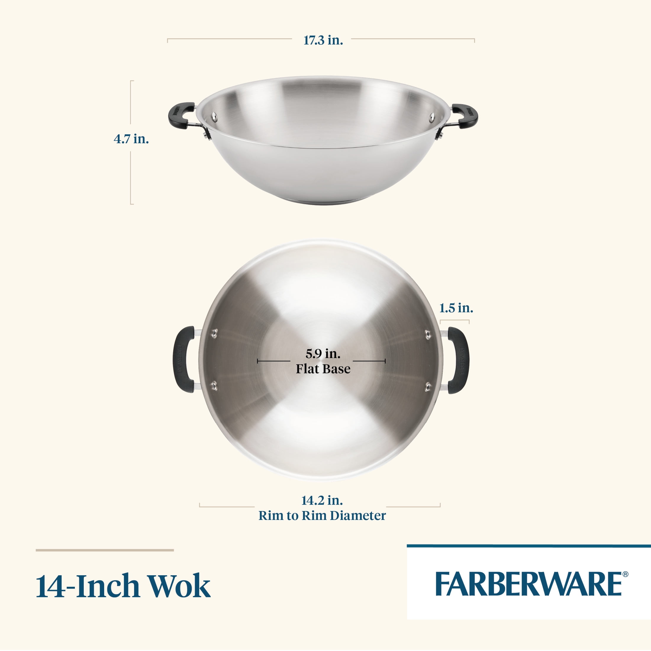 Farberware Brilliance 14 Inch Wok Induction Compatible, Metal Utensil and Dishwasher Safe, Stainless Steel
