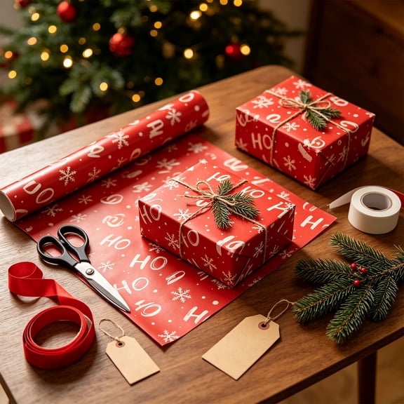 Christmas Wrapping Paper Roll, 17 In x 10 FT Red & White "Ho Ho Ho" Gift Wrap with Snowflakes & Glossy Finish, Tear-Resistant Holiday Paper for Presents & DIY Craft