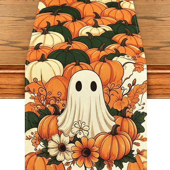 HHJZPR Halloween Fall Table Runner, 12in ×48in Cute Ghost Pumpkin Floral Table Runner for Thanksgiving Harvest Party Dining Table Decor