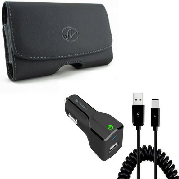 Car Charger & Case Belt Clip for iPhone 15 Pro Max - 18W Fast USB Port Coiled Cable Type-C and Leather Swivel Holster Loops X6O for iPhone 15 Pro Max (6.7")